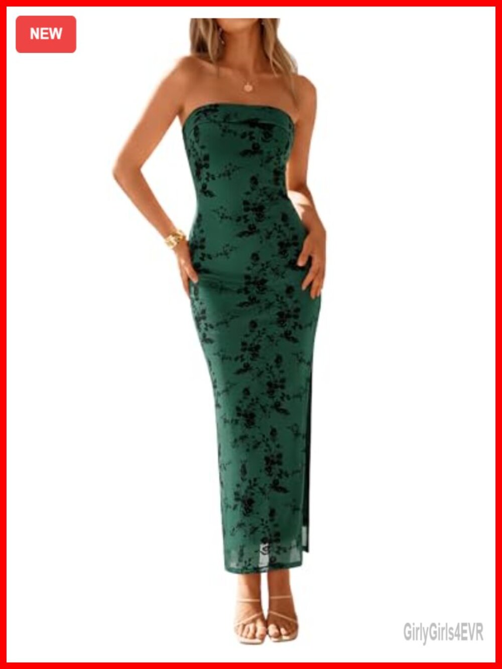 Women's Strapless Floral Mesh Bodycon Maxi Dress Sleeveless Side Slit Party